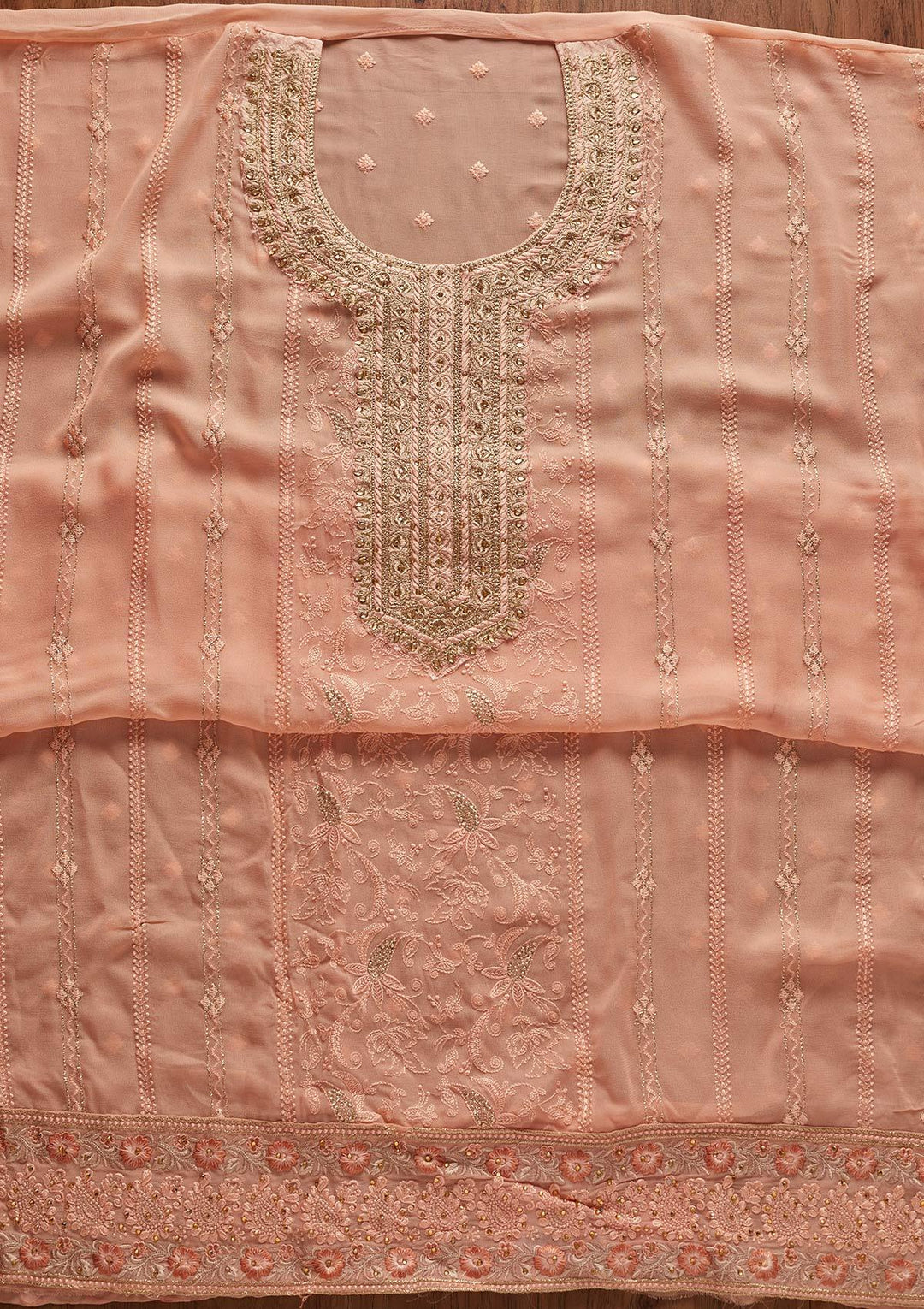 Peach Stonework Art Silk Designer Unstitched Salwar Suit - koskii