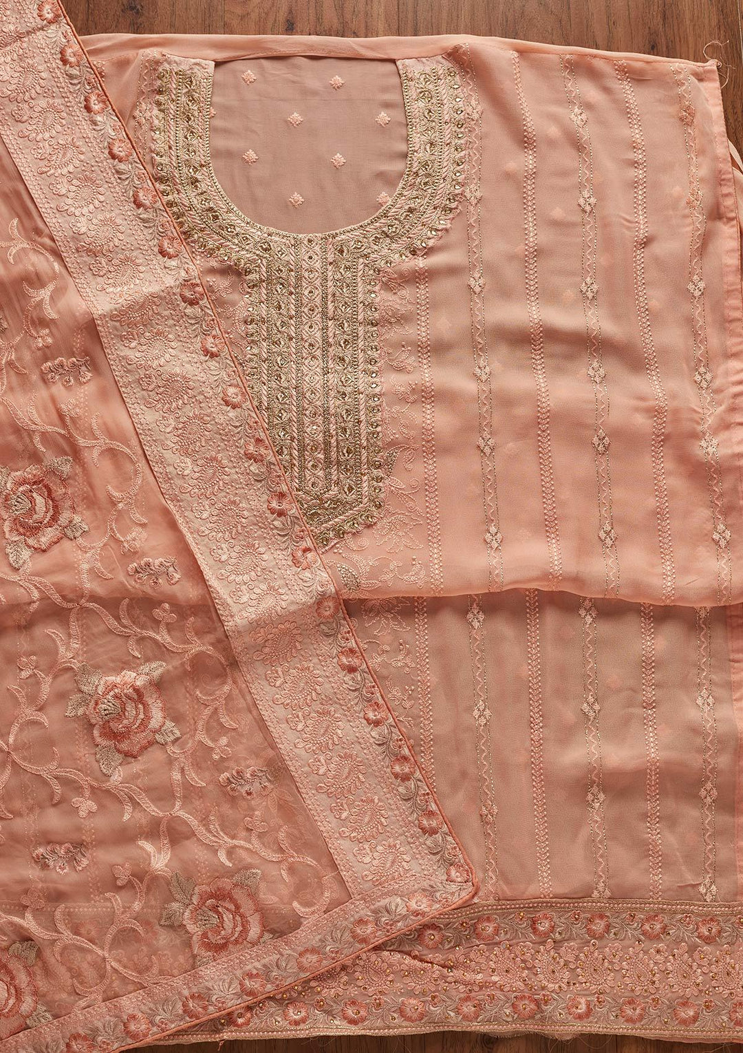 Peach Stonework Art Silk Designer Unstitched Salwar Suit - koskii
