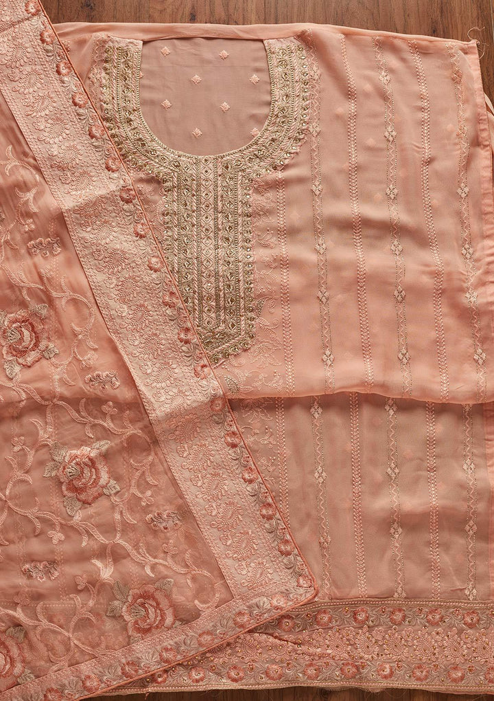 Peach Stonework Art Silk Designer Unstitched Salwar Suit - koskii