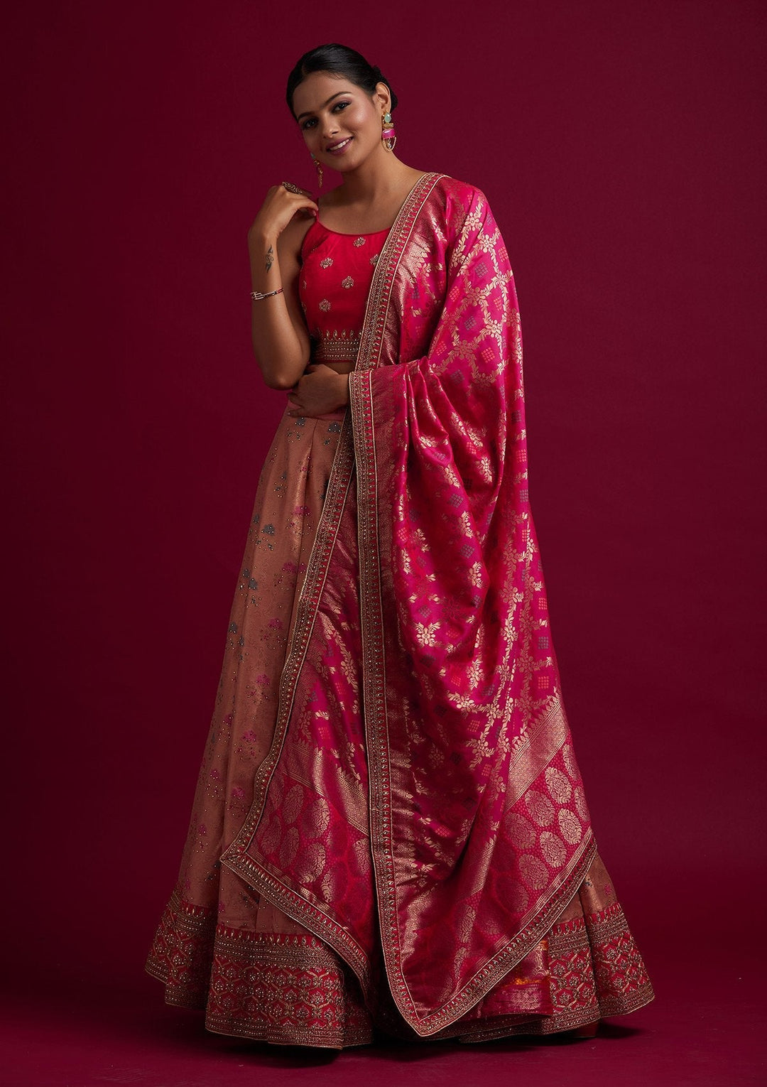 Peach Stonework Banarasi Designer Semi-Stitched Lehenga - koskii