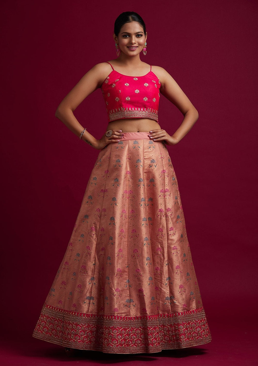 Peach Stonework Banarasi Designer Semi-Stitched Lehenga - koskii