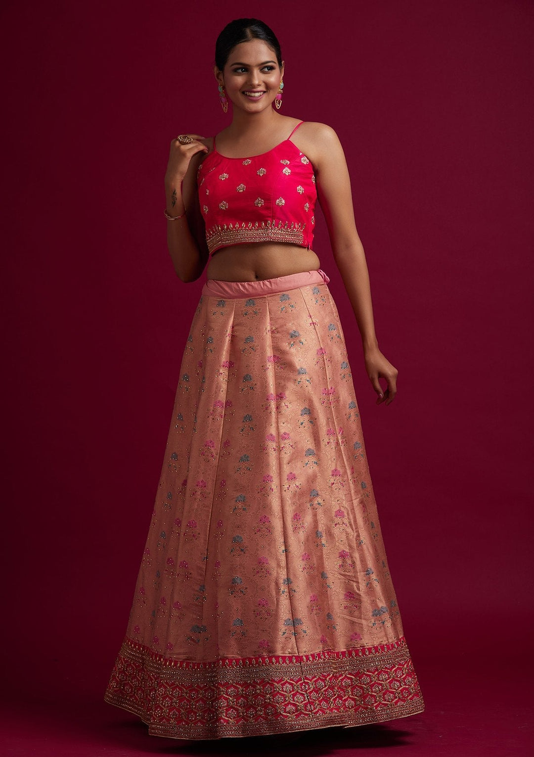 Peach Stonework Banarasi Designer Semi-Stitched Lehenga - koskii