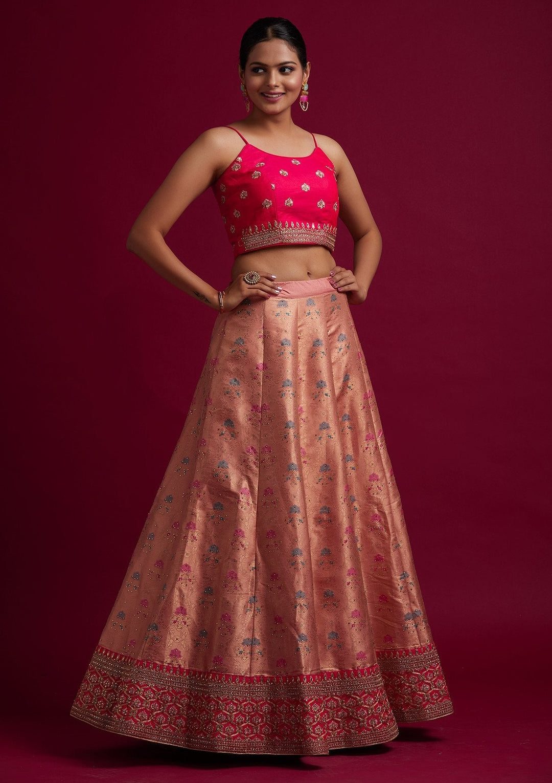 Peach Stonework Banarasi Designer Semi-Stitched Lehenga - koskii