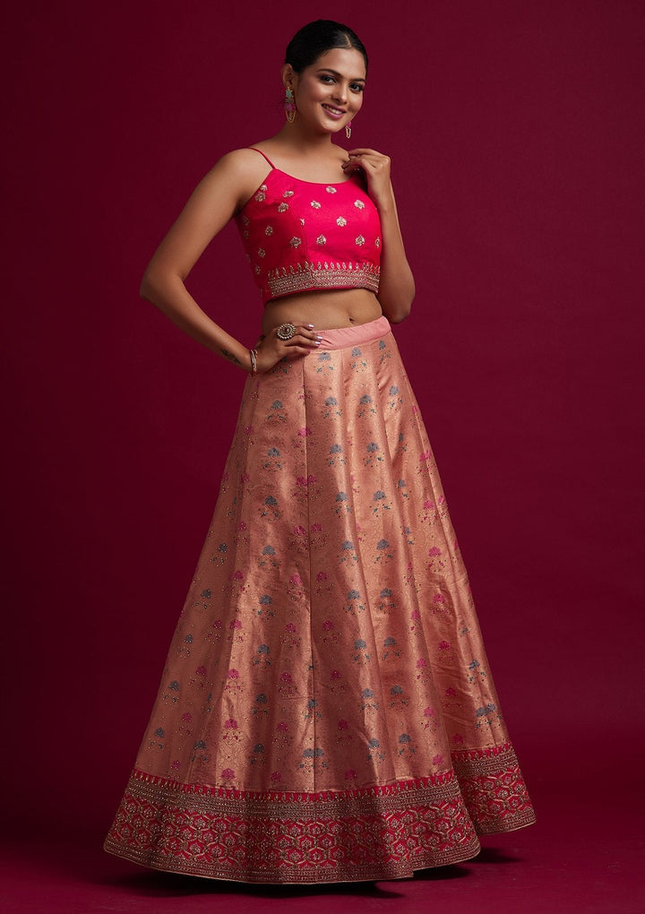 Peach Stonework Banarasi Designer Semi-Stitched Lehenga - koskii