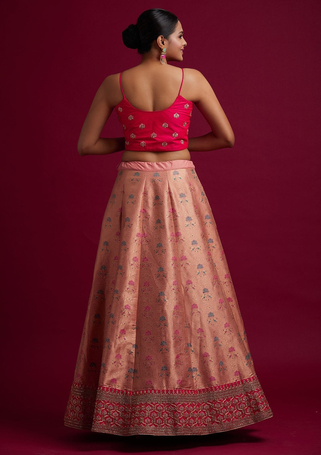 Peach Stonework Banarasi Designer Semi-Stitched Lehenga - koskii