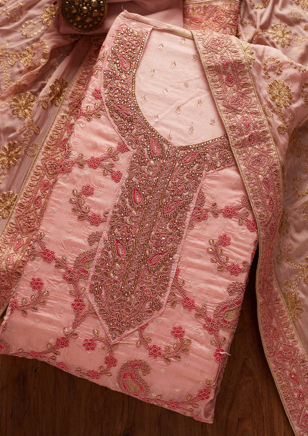 Peach Stonework Chanderi Designer Unstitched Salwar Suit - koskii