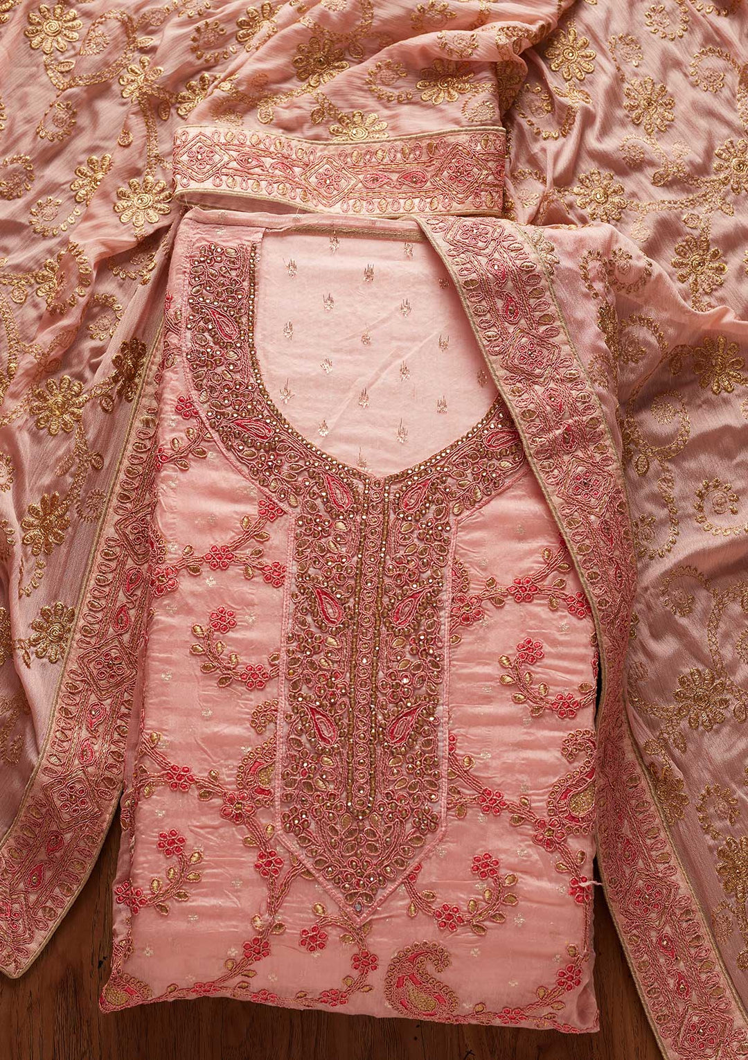Peach Stonework Chanderi Designer Unstitched Salwar Suit - koskii