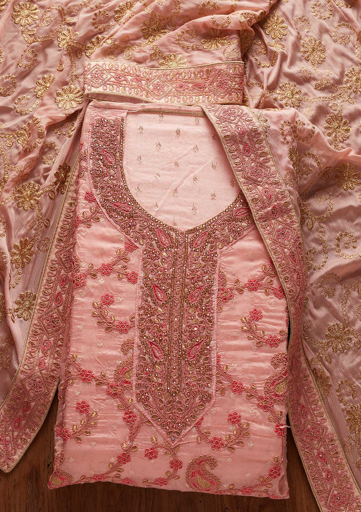 Peach Stonework Chanderi Designer Unstitched Salwar Suit - koskii
