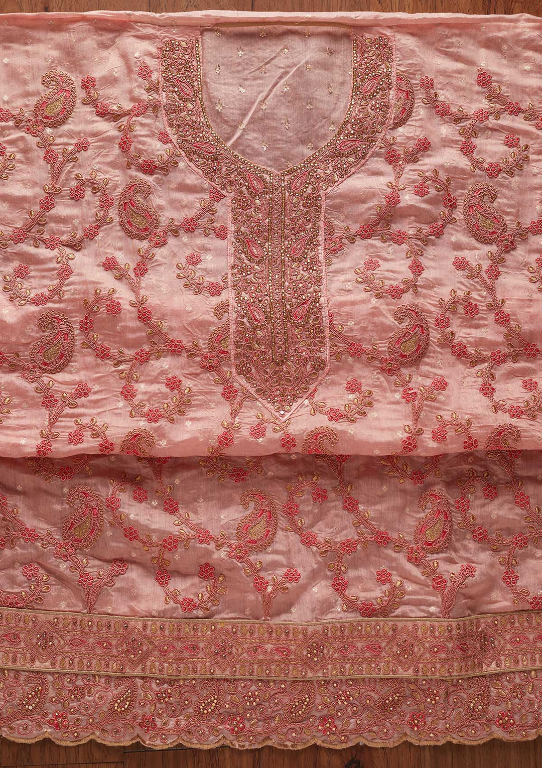 Peach Stonework Chanderi Designer Unstitched Salwar Suit - koskii