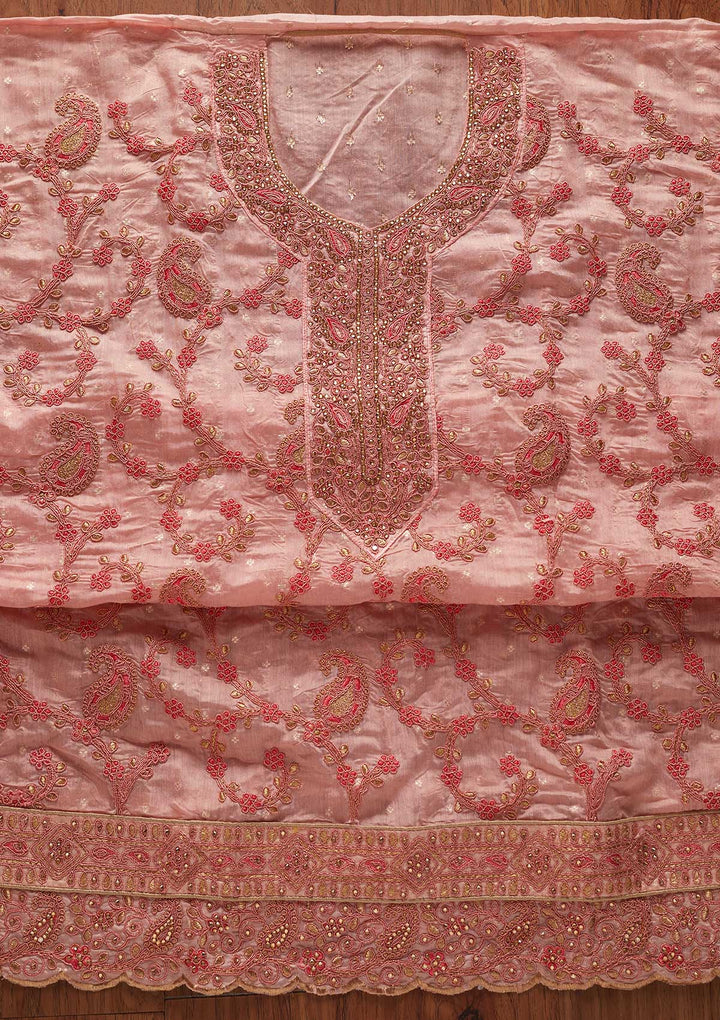 Peach Stonework Chanderi Designer Unstitched Salwar Suit - koskii
