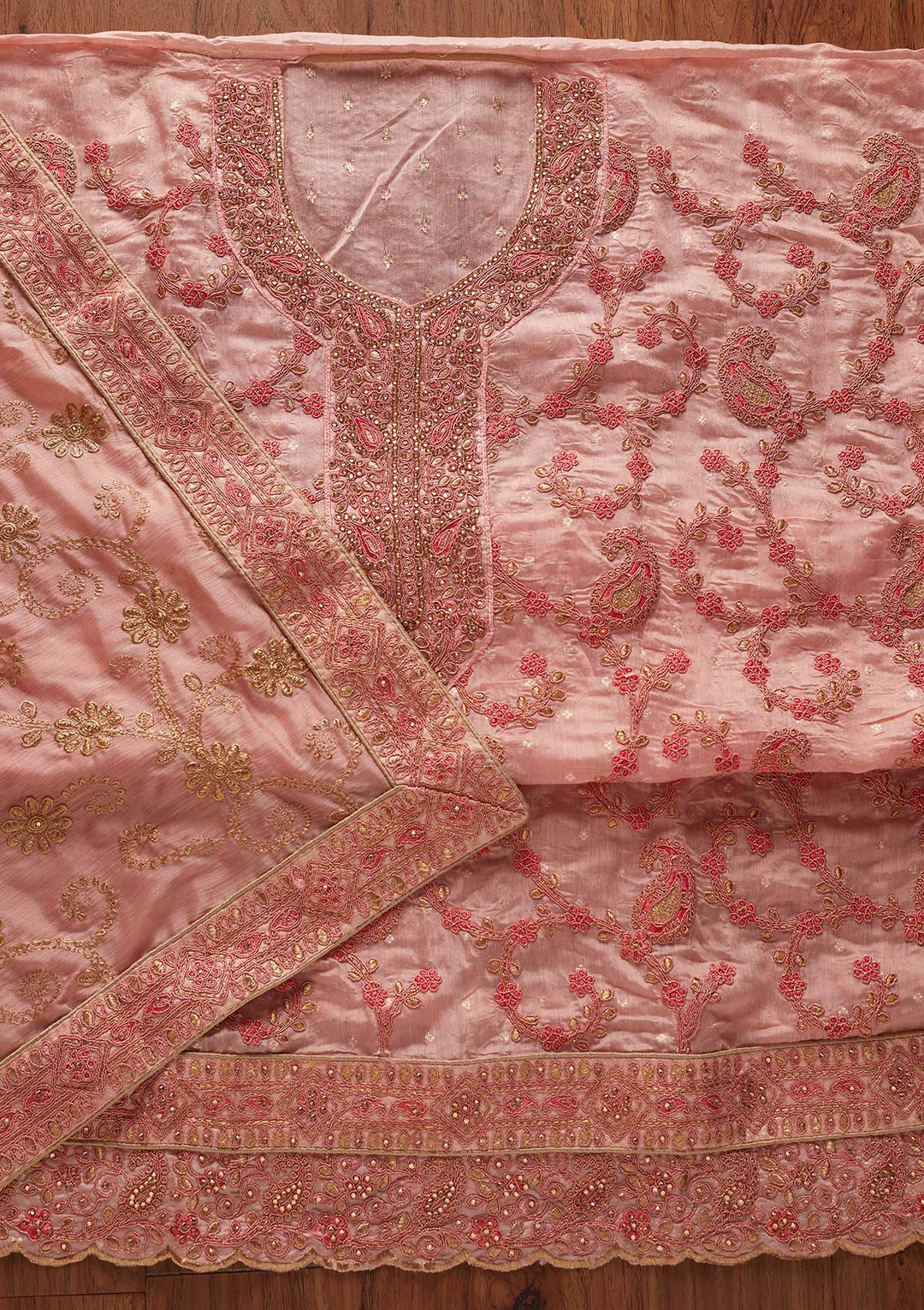 Peach Stonework Chanderi Designer Unstitched Salwar Suit - koskii