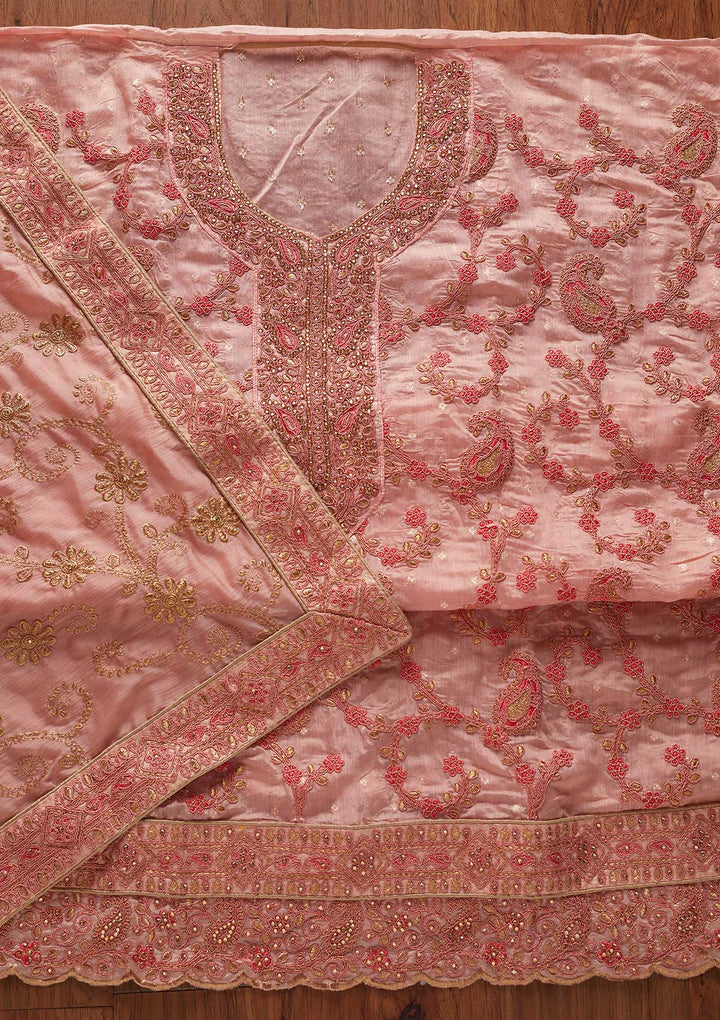 Peach Stonework Chanderi Designer Unstitched Salwar Suit - koskii