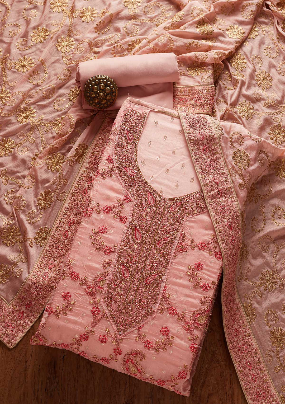 Peach Stonework Chanderi Designer Unstitched Salwar Suit - koskii