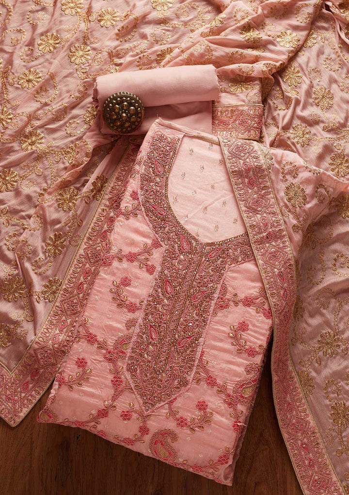 Peach Stonework Chanderi Designer Unstitched Salwar Suit - koskii