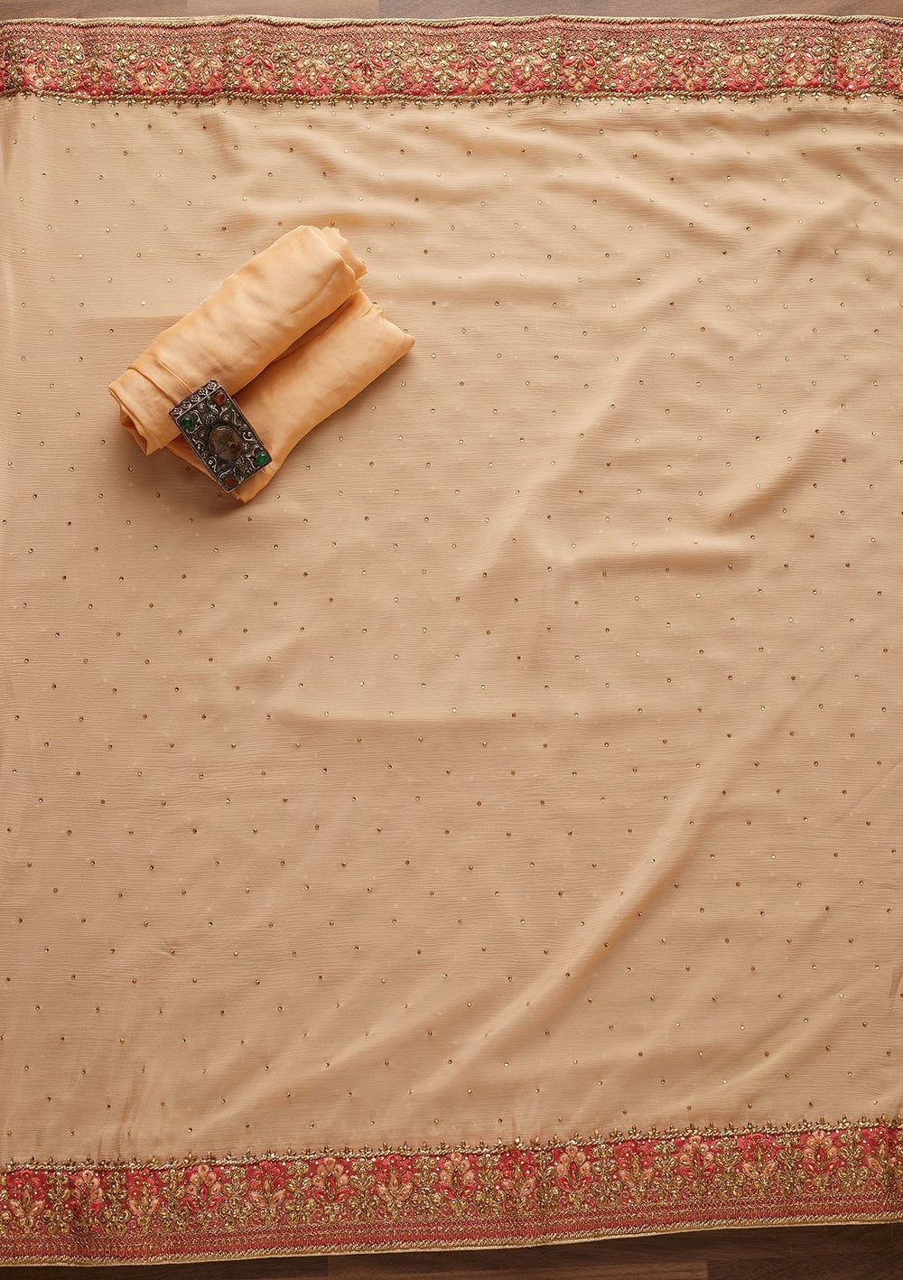 Peach Stonework Chanderi Designer Unstitched Salwar Suit - Koskii