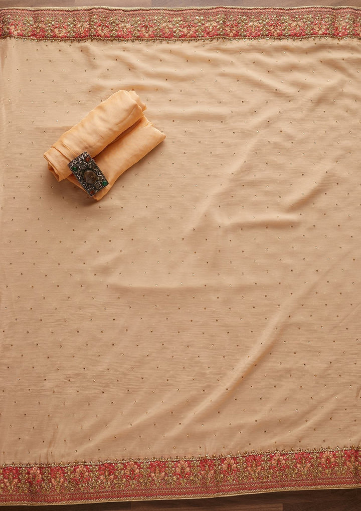 Peach Stonework Chanderi Designer Unstitched Salwar Suit - Koskii