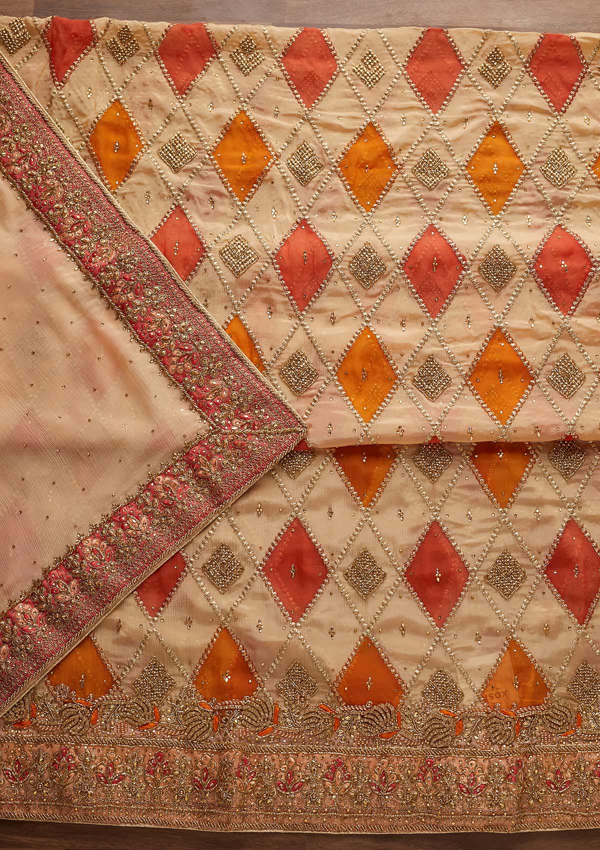 Peach Stonework Chanderi Designer Unstitched Salwar Suit - Koskii