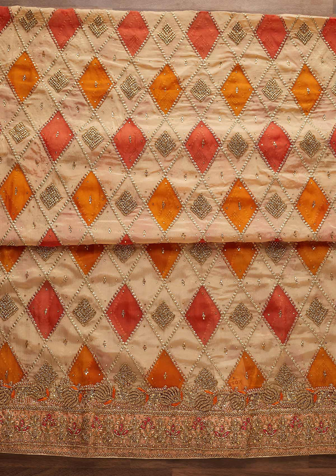 Peach Stonework Chanderi Designer Unstitched Salwar Suit - Koskii