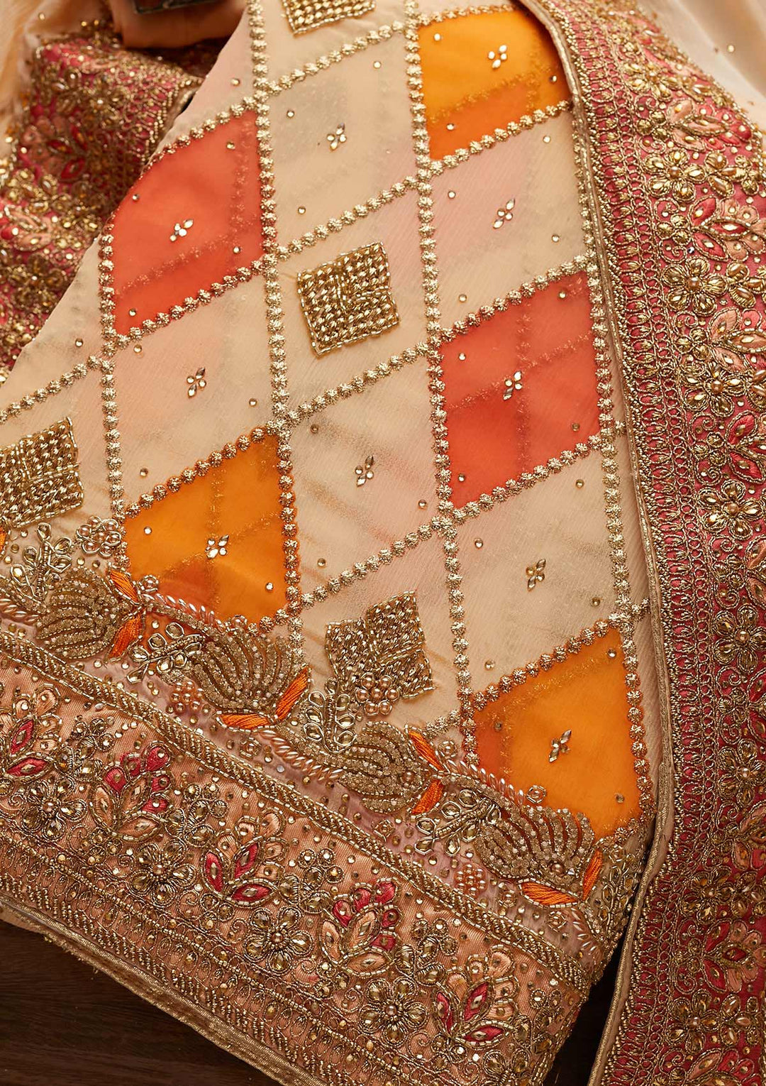 Peach Stonework Chanderi Designer Unstitched Salwar Suit - Koskii