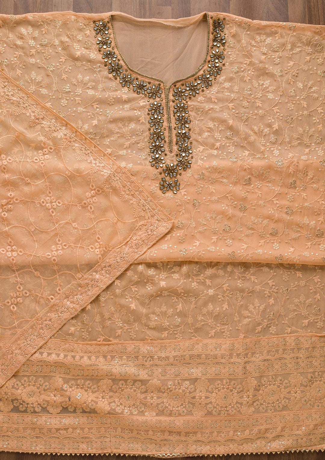 Peach Stonework Georgette Unstitched Salwar Suit-Koskii