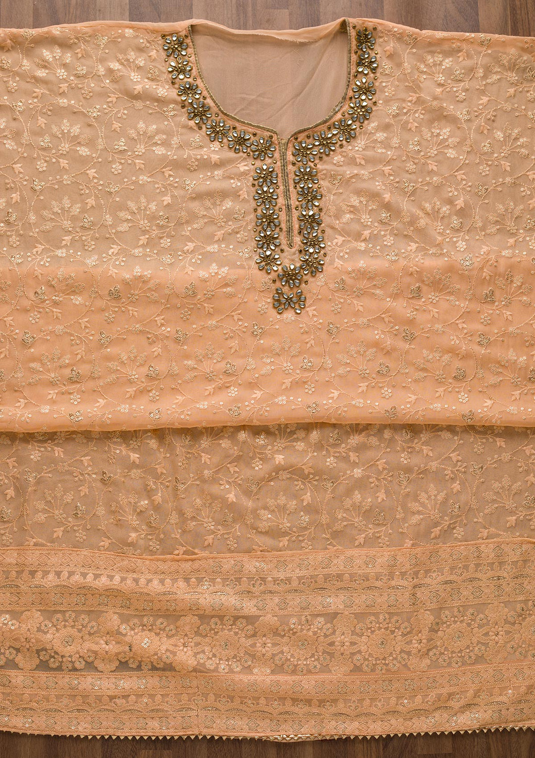 Peach Stonework Georgette Unstitched Salwar Suit-Koskii