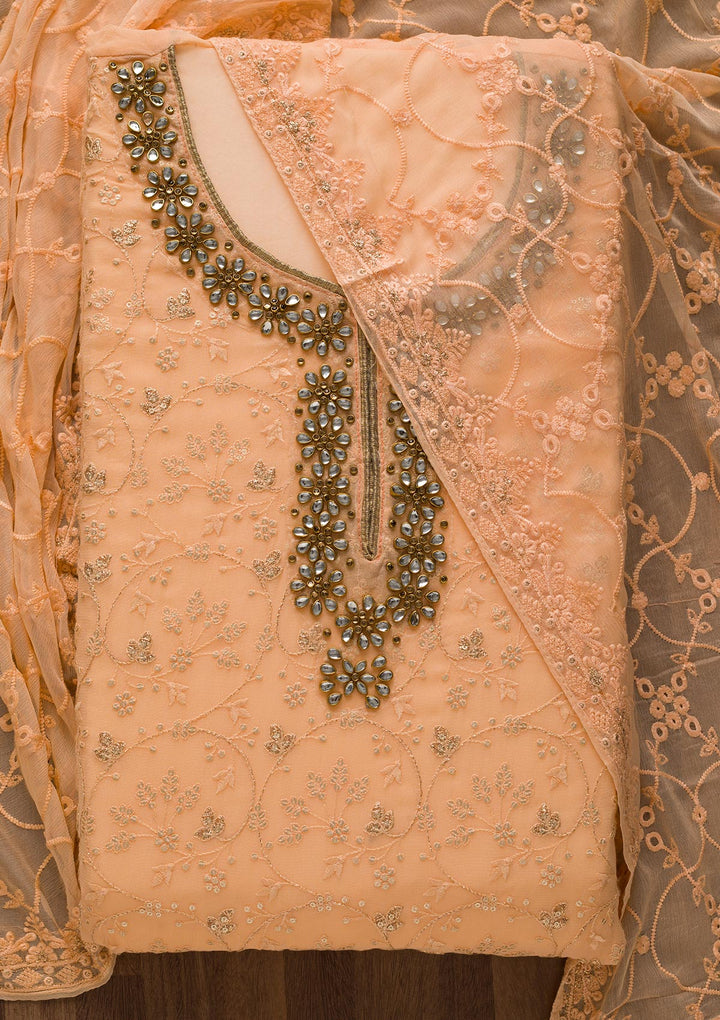 Peach Stonework Georgette Unstitched Salwar Suit-Koskii