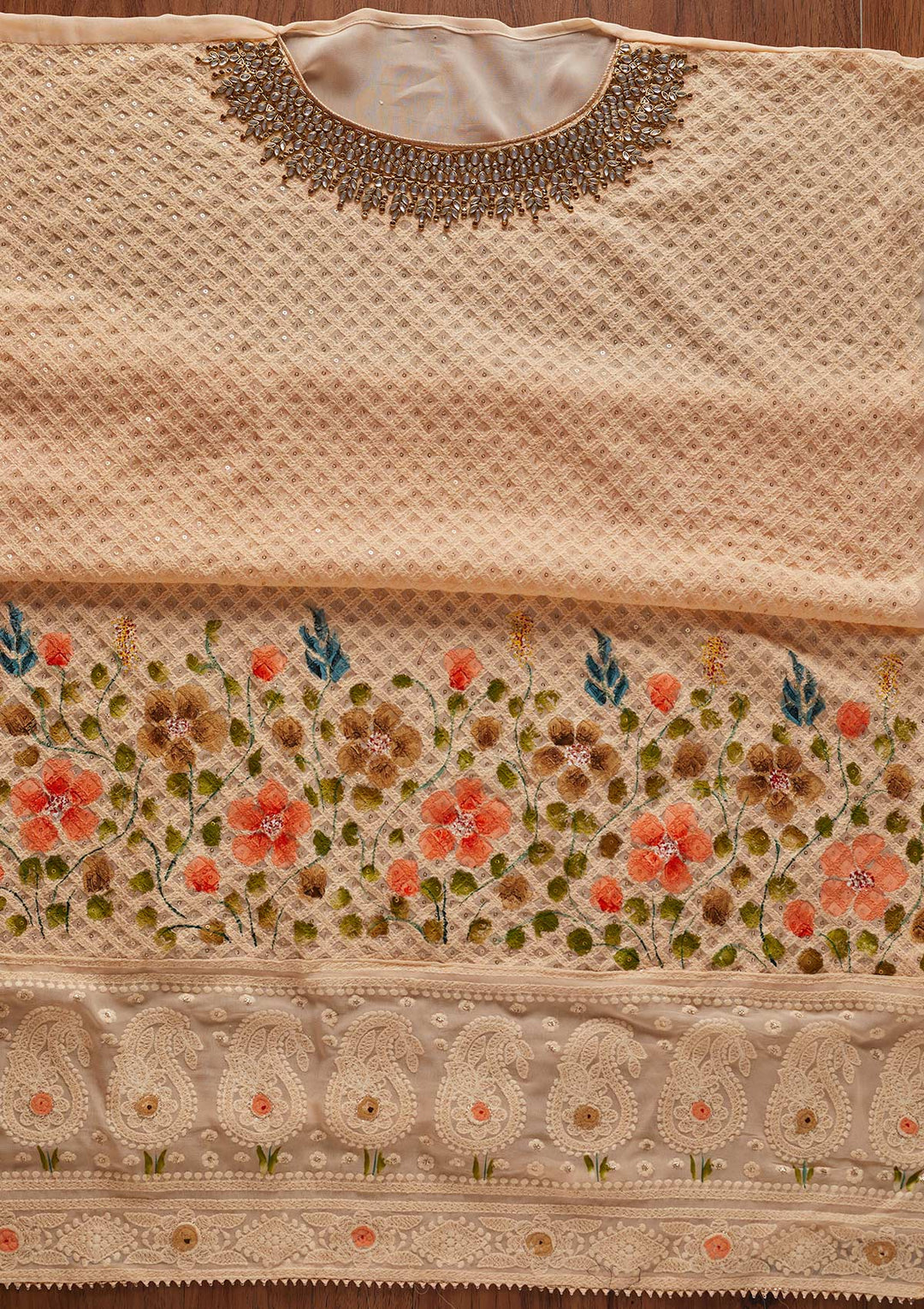 Peach Stonework Georgette Designer Unstitched Salwar Suit - koskii