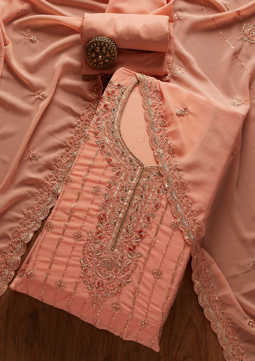Peach Stonework Georgette Designer Unstitched Salwar Suit - koskii
