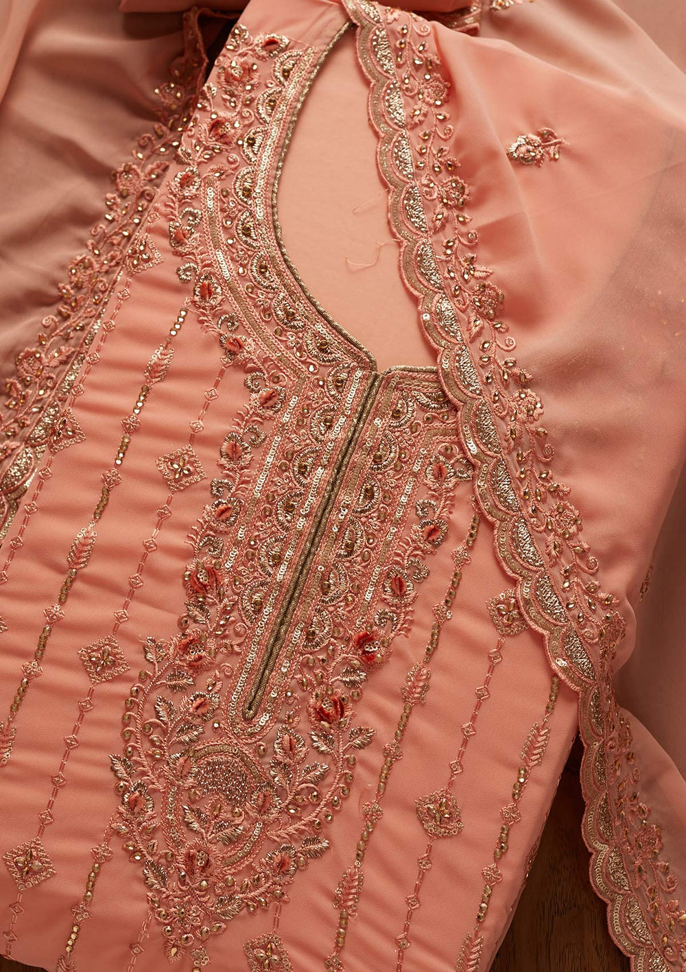 Peach Stonework Georgette Designer Unstitched Salwar Suit - koskii