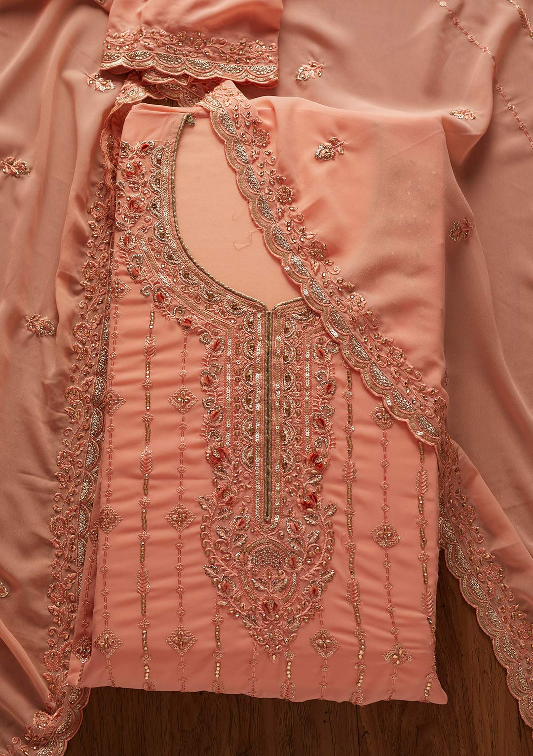 Peach Stonework Georgette Designer Unstitched Salwar Suit - koskii