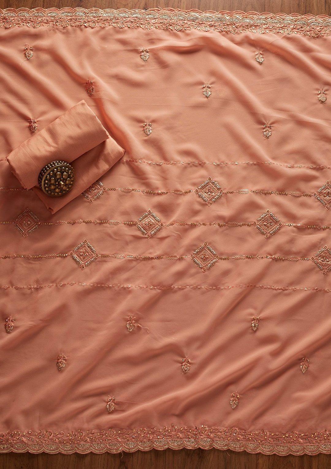 Peach Stonework Georgette Designer Unstitched Salwar Suit - koskii