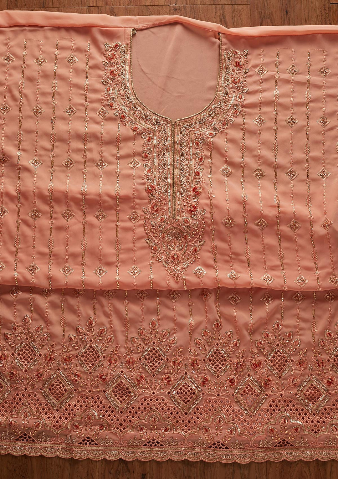 Peach Stonework Georgette Designer Unstitched Salwar Suit - koskii