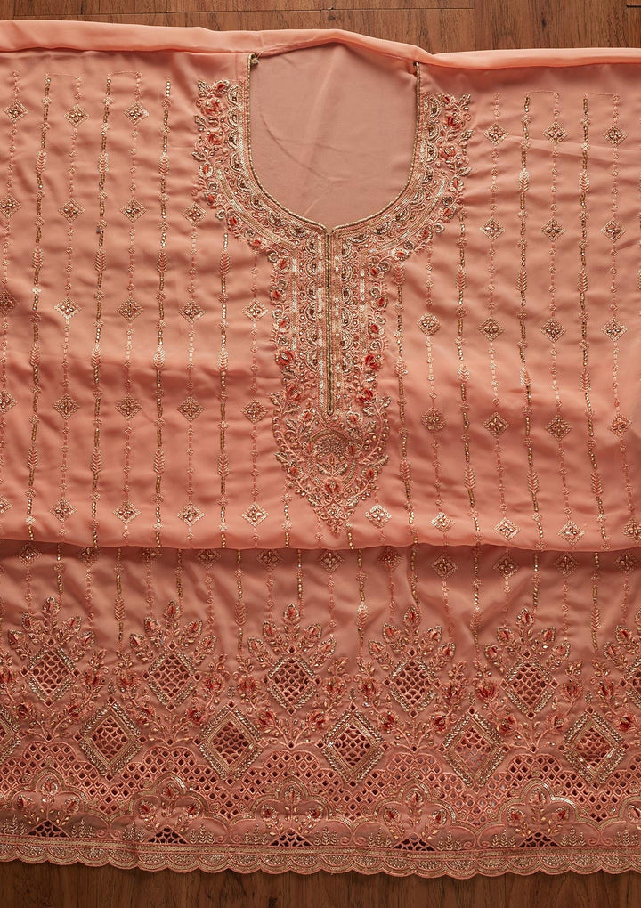 Peach Stonework Georgette Designer Unstitched Salwar Suit - koskii