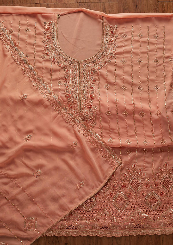 Peach Stonework Georgette Designer Unstitched Salwar Suit - koskii