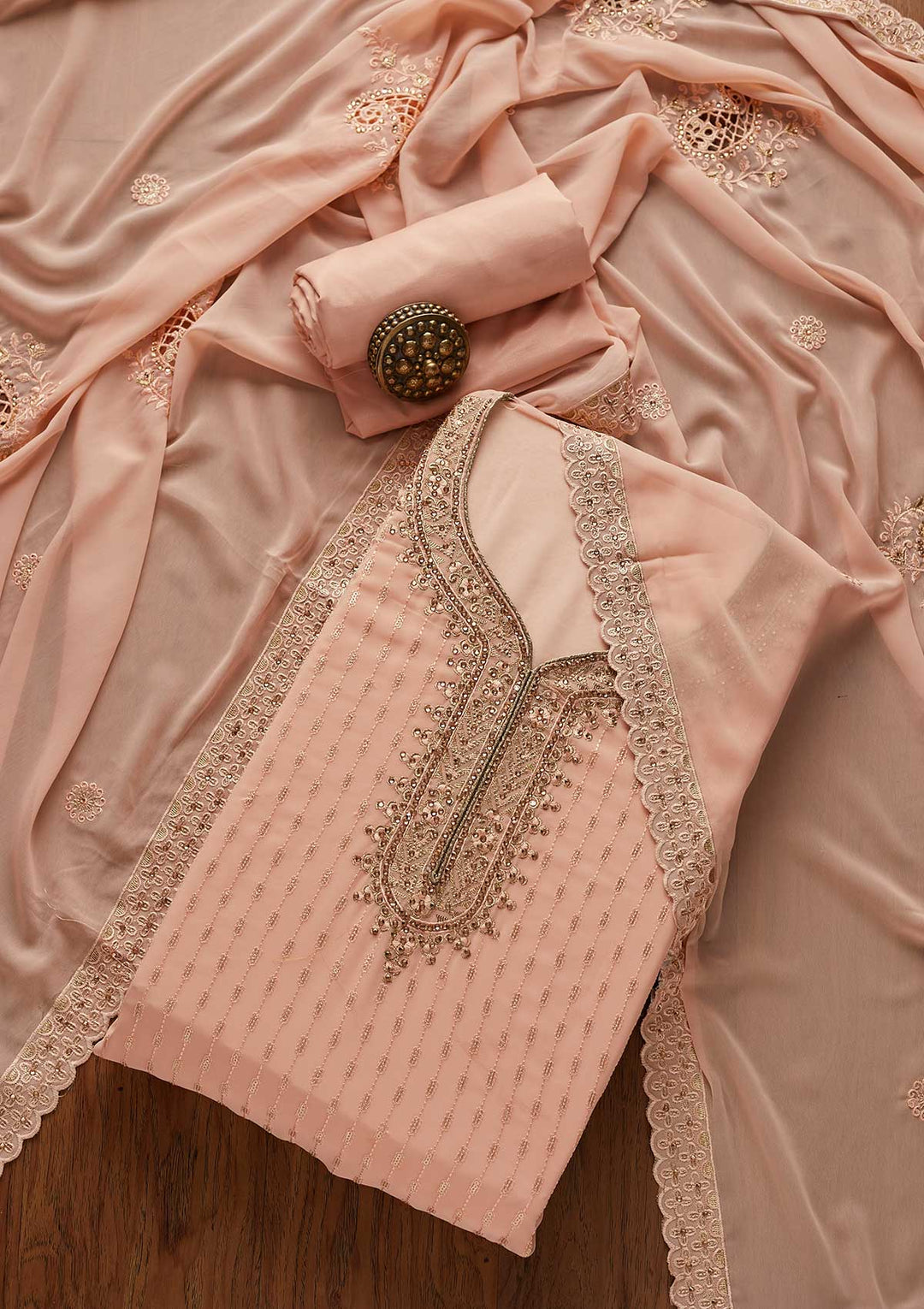 Peach Stonework Georgette Designer Unstitched Salwar Suit - koskii
