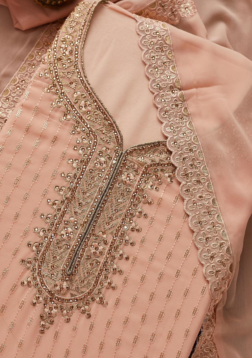 Peach Stonework Georgette Designer Unstitched Salwar Suit - koskii