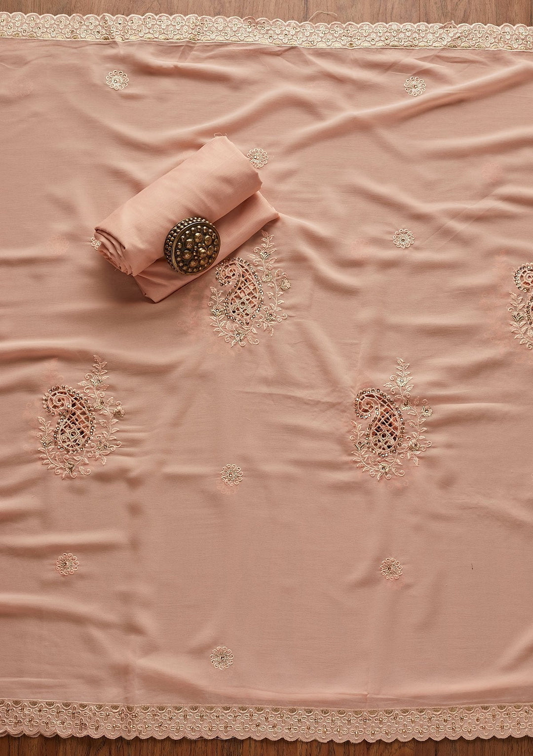 Peach Stonework Georgette Designer Unstitched Salwar Suit - koskii