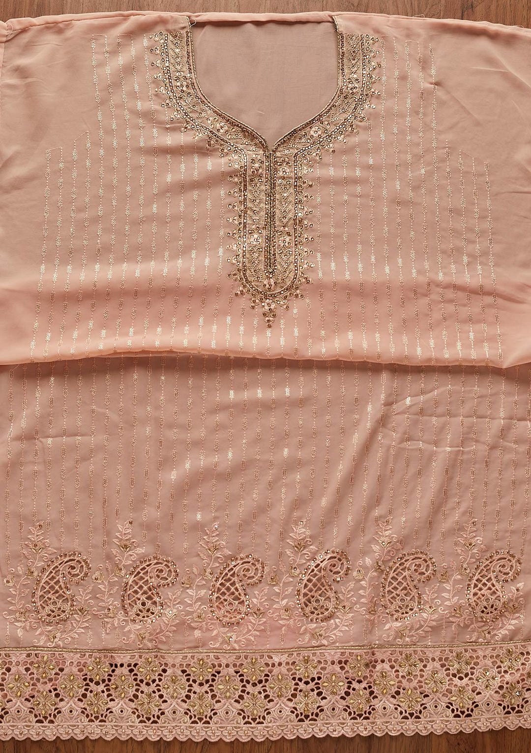 Peach Stonework Georgette Designer Unstitched Salwar Suit - koskii