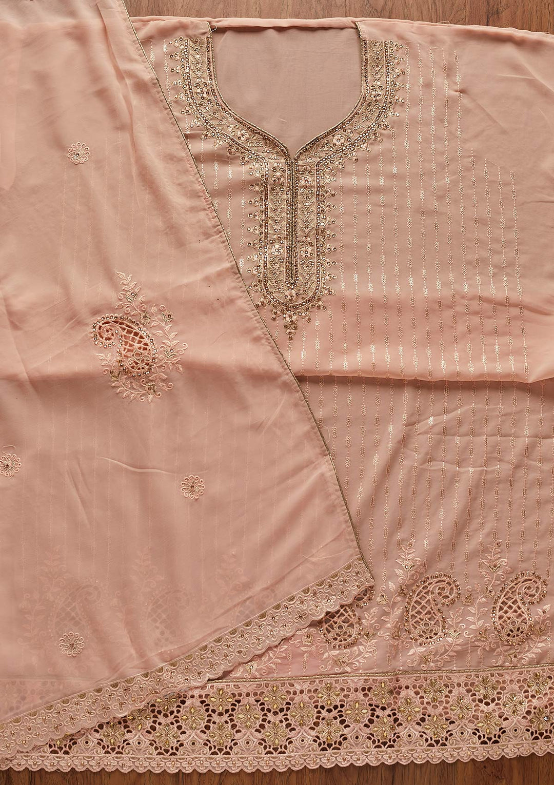 Peach Stonework Georgette Designer Unstitched Salwar Suit - koskii