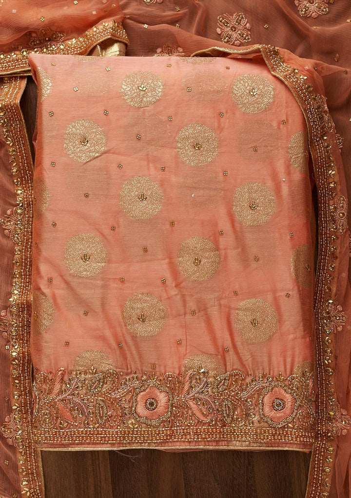Peach Stonework Georgette Designer Unstitched Salwar Suit - Koskii