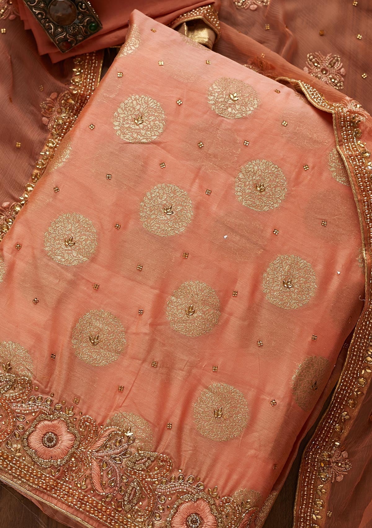 Peach Stonework Georgette Designer Unstitched Salwar Suit - Koskii