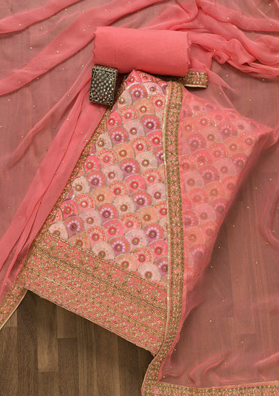 Peach Stonework Georgette Unstitched Salwar Suit-Koskii