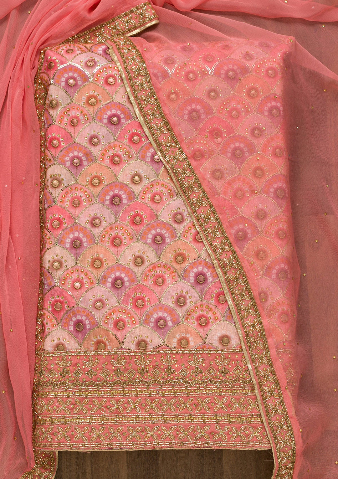 Peach Stonework Georgette Unstitched Salwar Suit-Koskii
