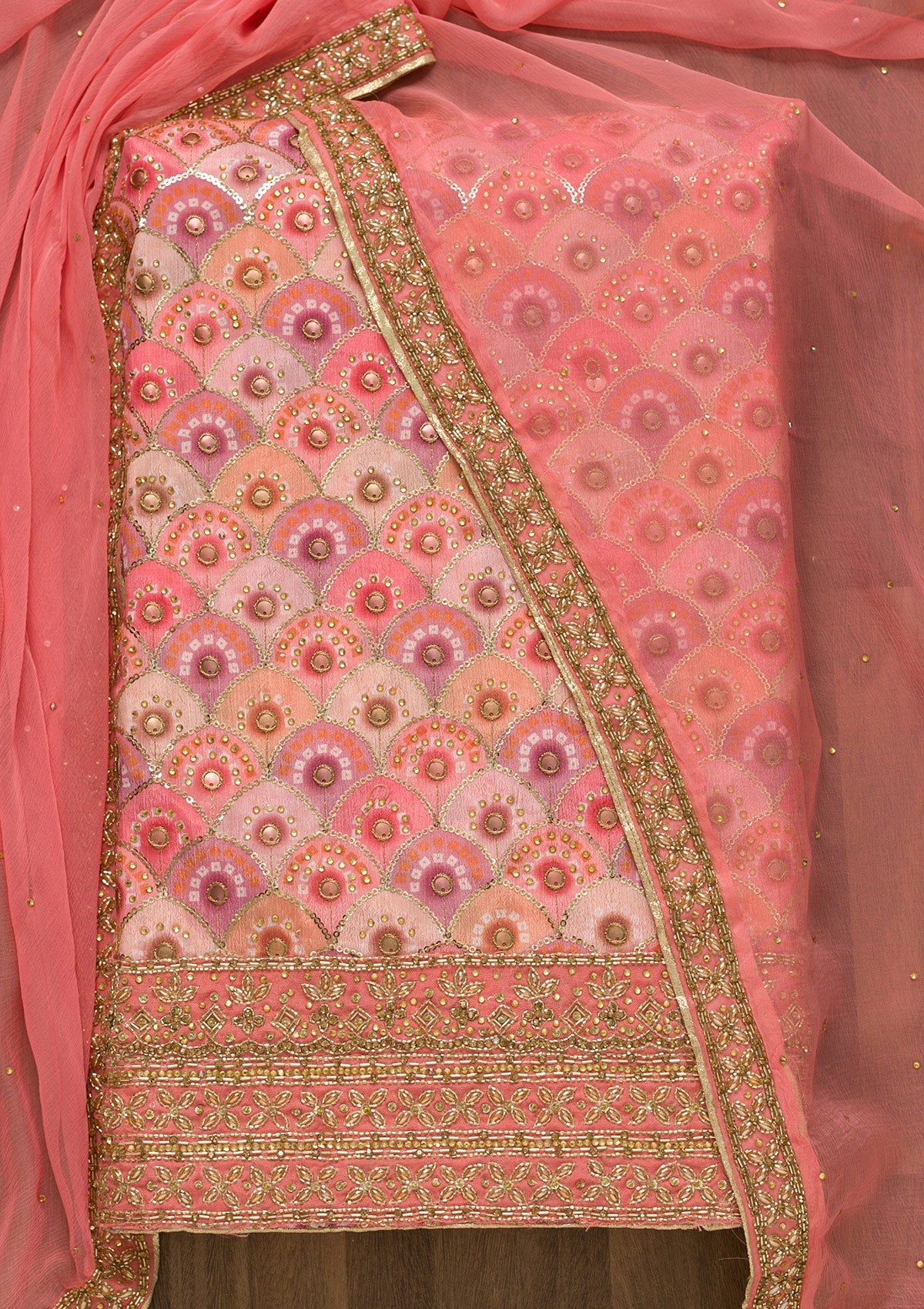 Peach Stonework Georgette Unstitched Salwar Suit-Koskii