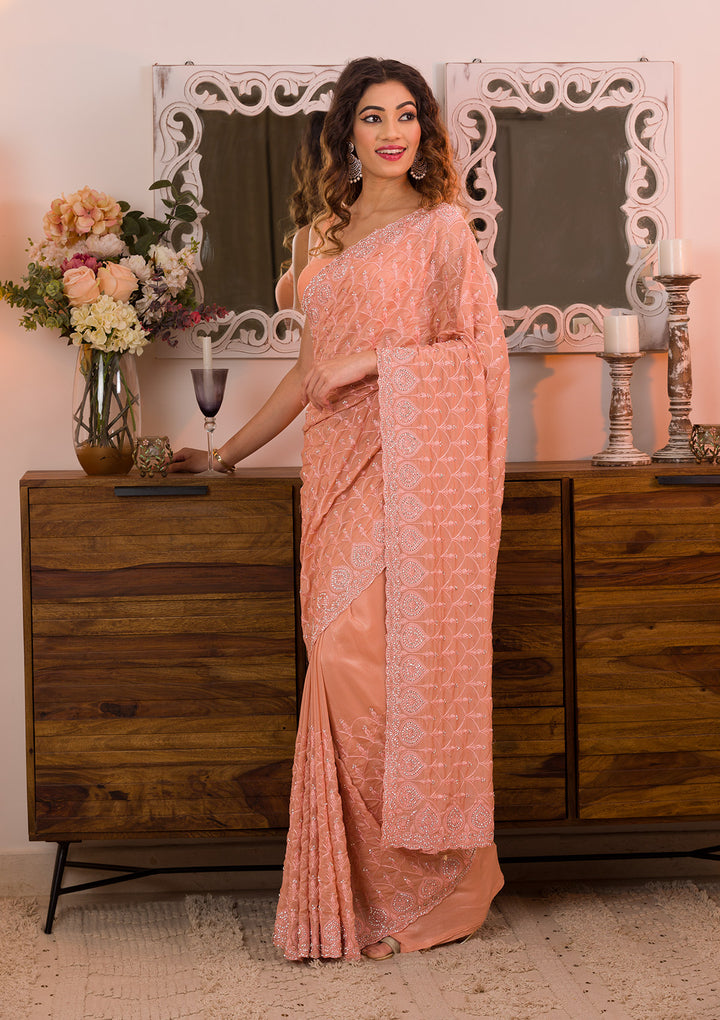 Peach Threadwork Georgette Designer Saree-Koskii
