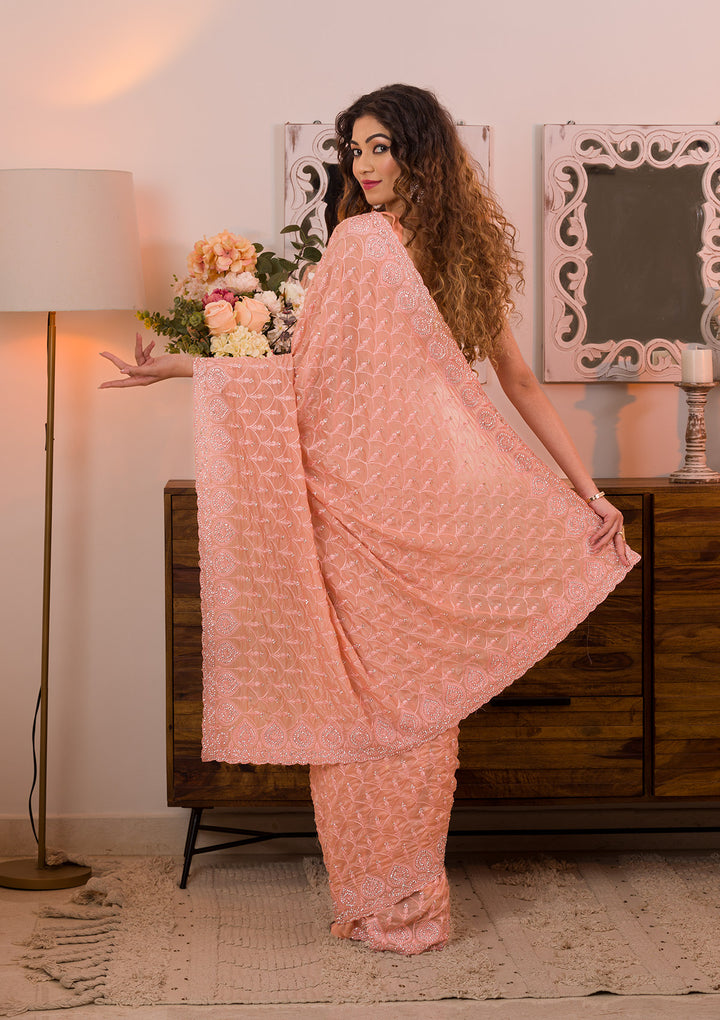 Peach Threadwork Georgette Designer Saree-Koskii
