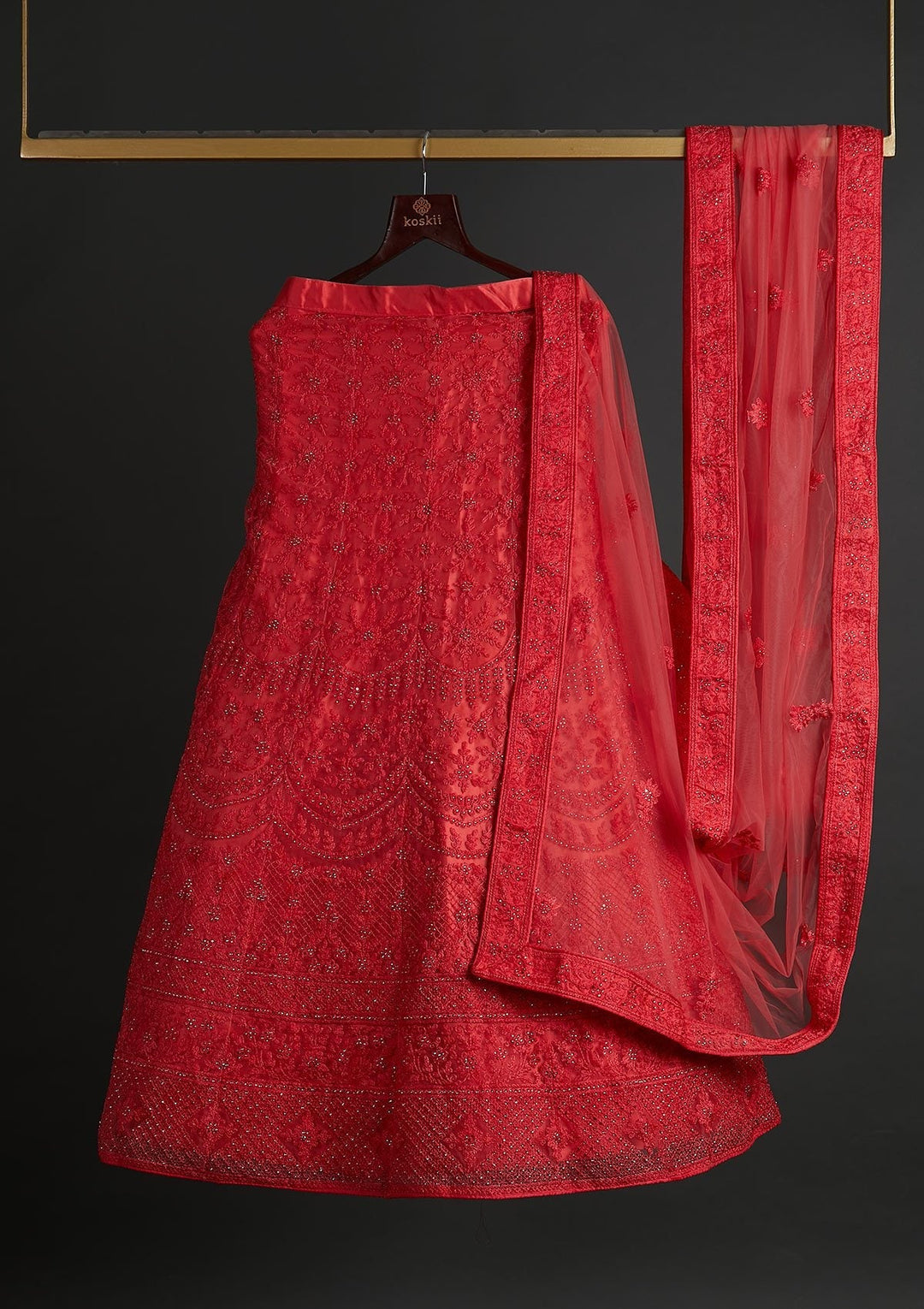 Peach Stonework Net Designer Semi-Stitched Lehenga - koskii