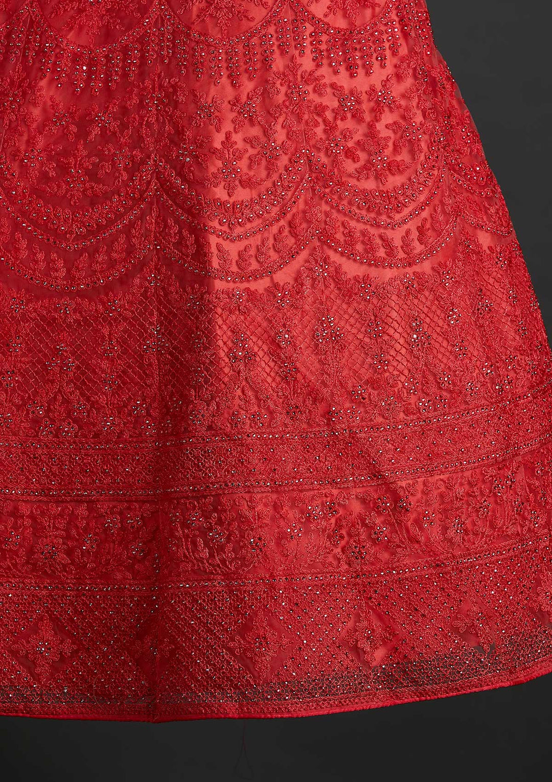 Peach Stonework Net Designer Semi-Stitched Lehenga - koskii