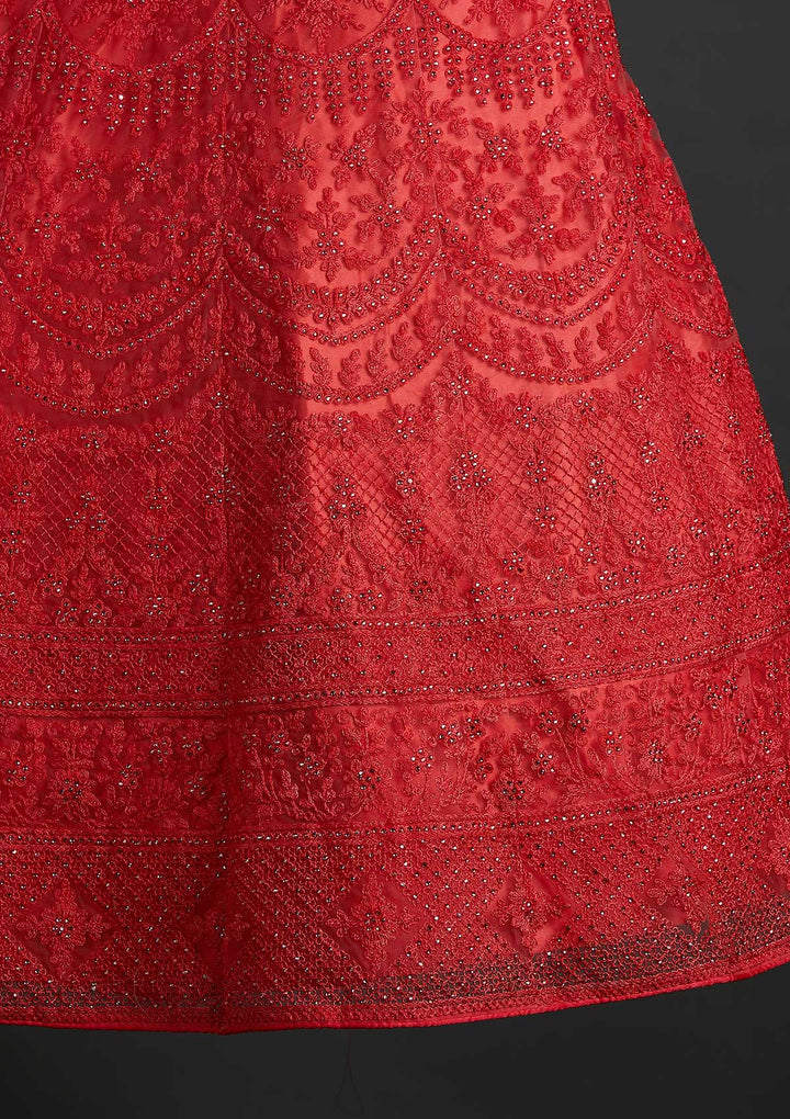 Peach Stonework Net Designer Semi-Stitched Lehenga - koskii