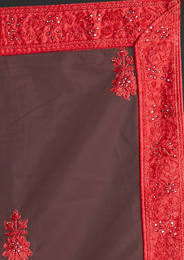 Peach Stonework Net Designer Semi-Stitched Lehenga - koskii